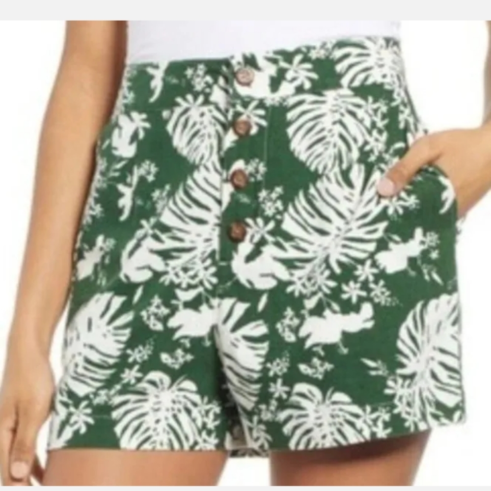 High Waisted Green Pastures Tropical Floral Shorts Linen Blend Button Fly New 4X